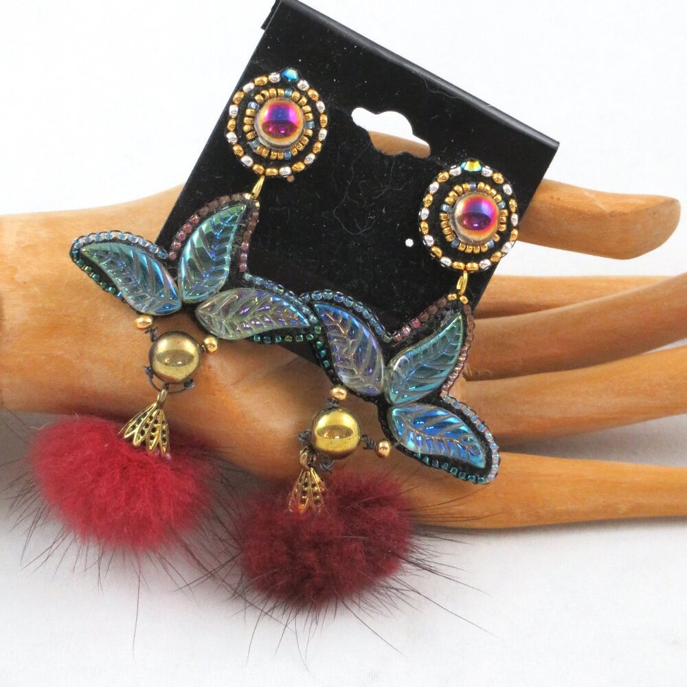 Handmade Artisan earrings with fur puff